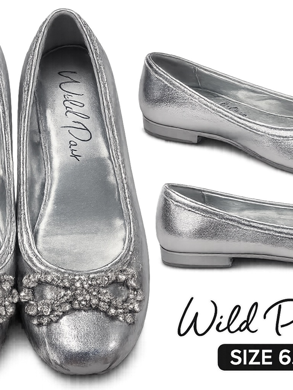 Wild Pair Metallic Silver Jeweled Ballet Flats